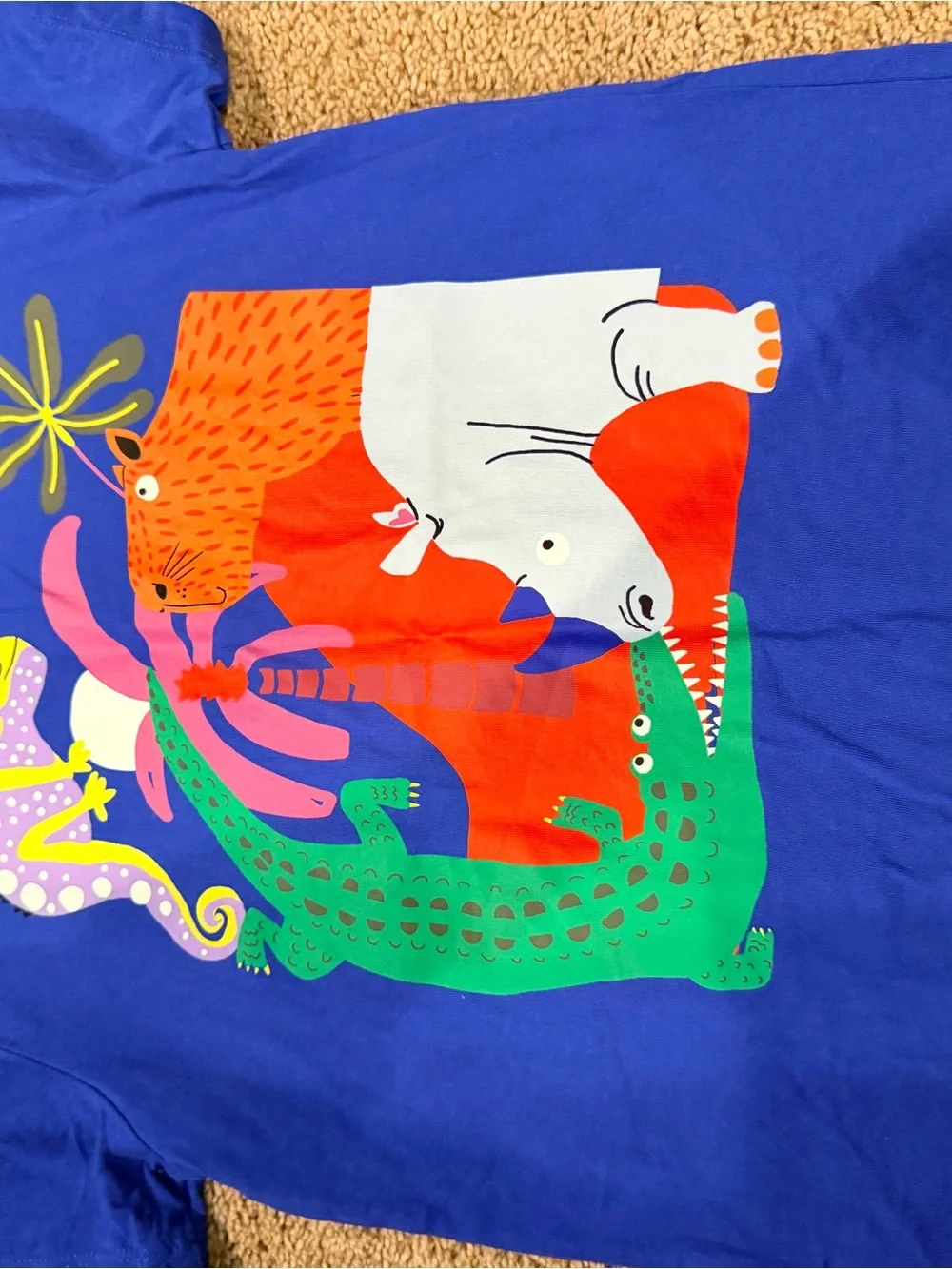 Mini Boden Blue Top and Green Animal Patch Shorts
